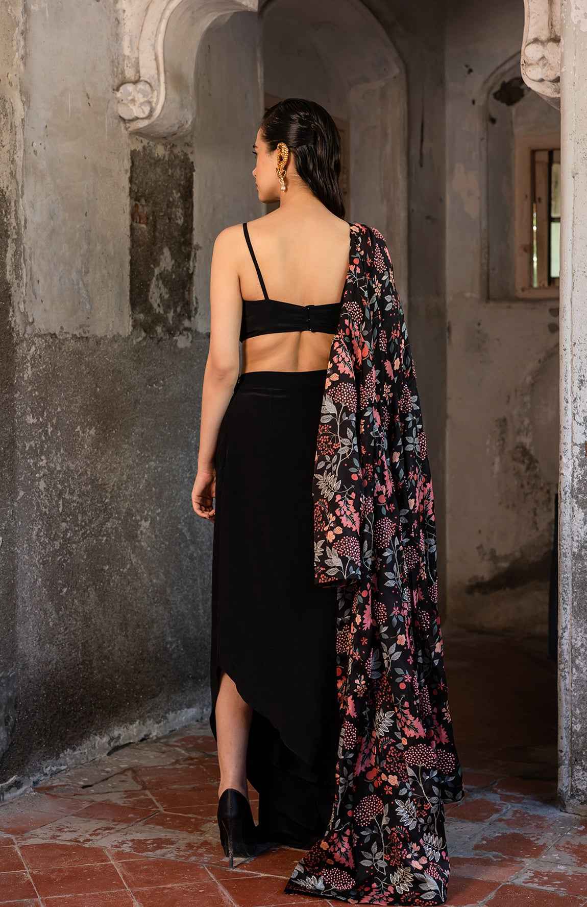 Black Printed Jacket With Drape Skirt And Bustier