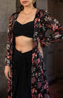 Black Printed Jacket With Drape Skirt And Bustier