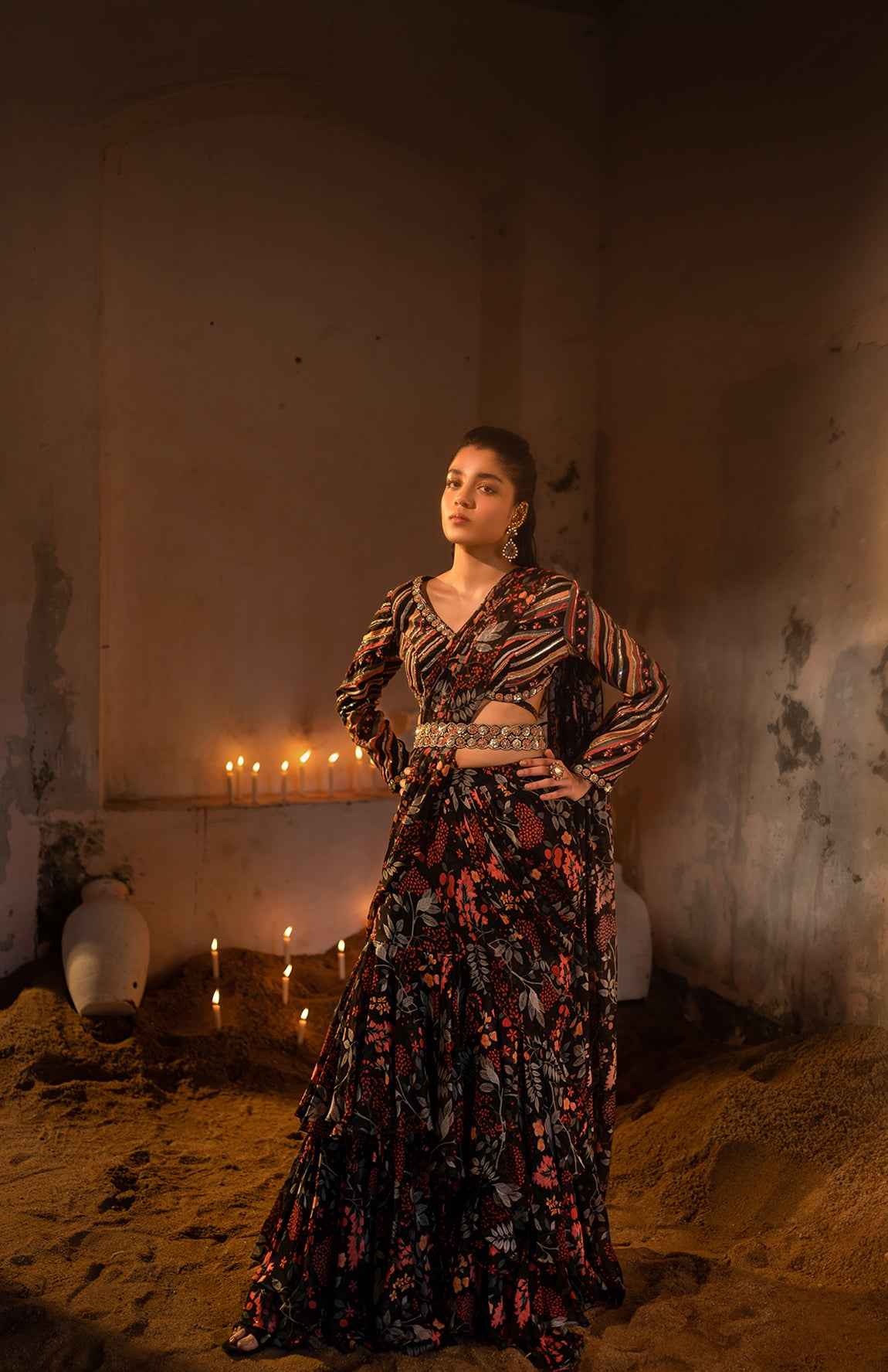 A Pre-Draped Layer Saree With Hand Embroidered Blouse And Belt