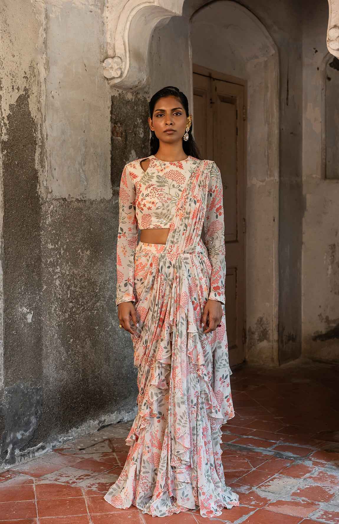 Ivory Printed Ruffle Saree With Hand Embellished Blouse