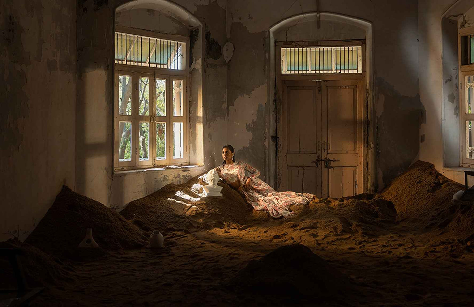 Ivory Printed Ruffle Saree With Hand Embellished Blouse