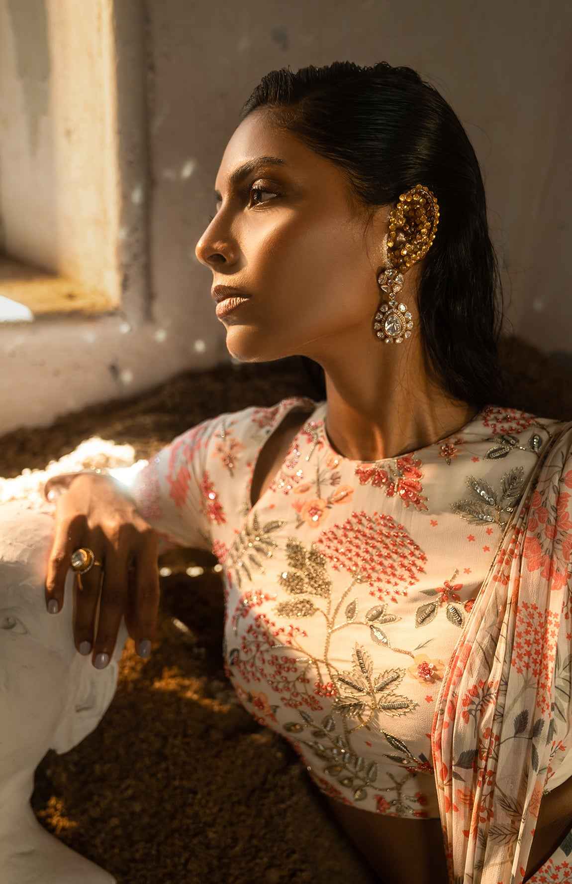 Ivory Printed Ruffle Saree With Hand Embellished Blouse