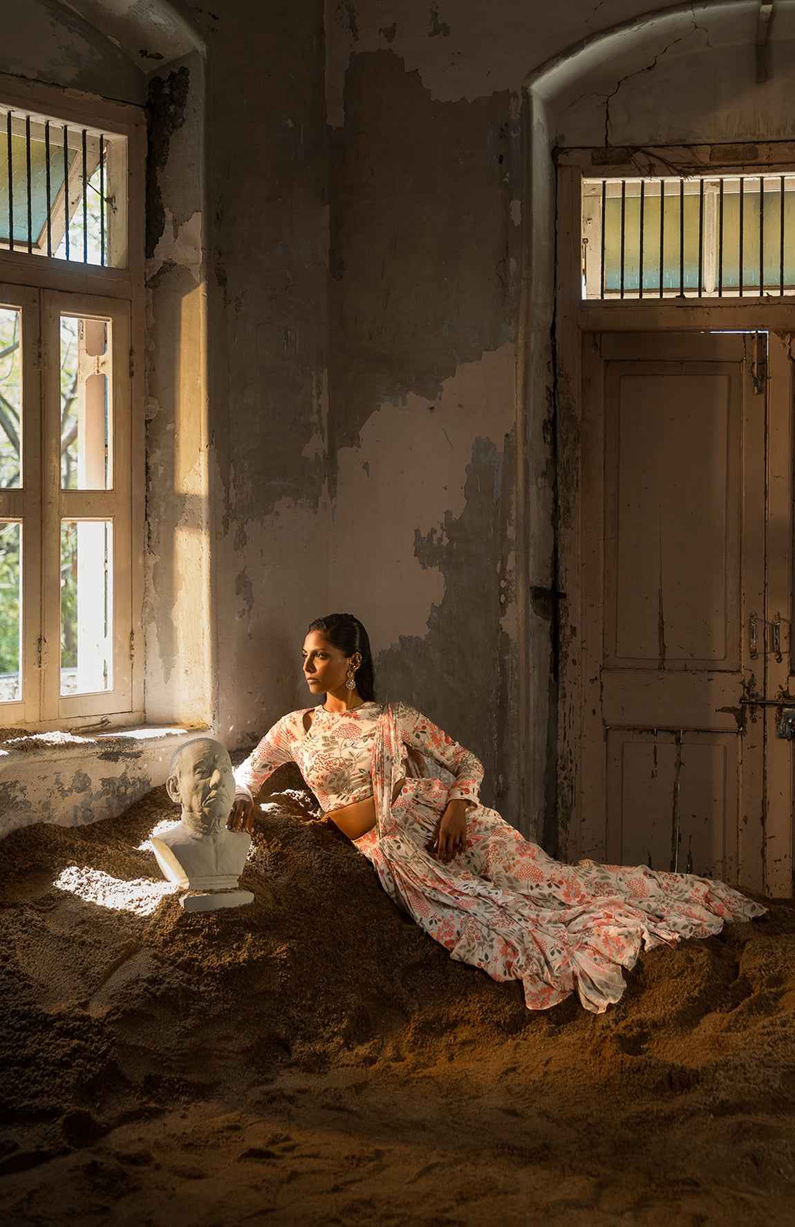 Ivory Printed Ruffle Saree With Hand Embellished Blouse