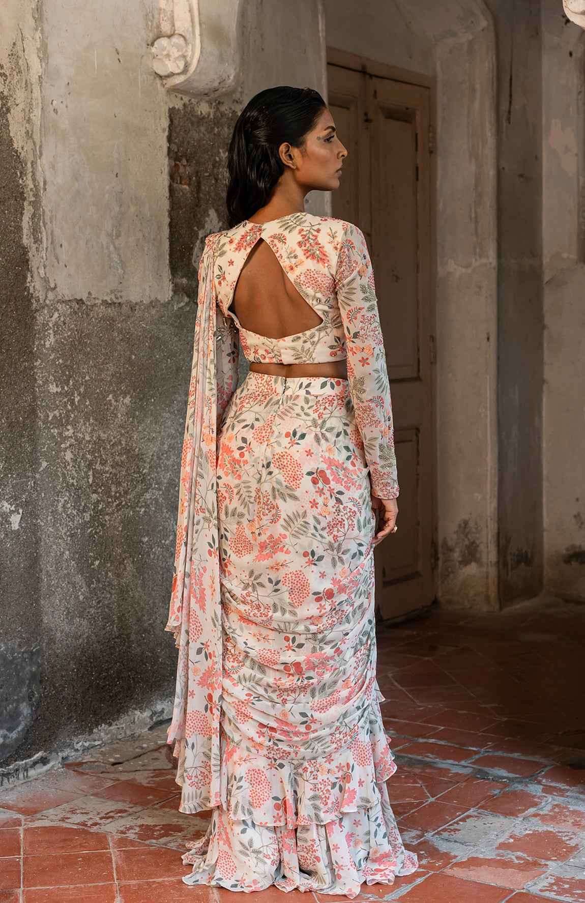 Ivory Printed Ruffle Saree With Hand Embellished Blouse