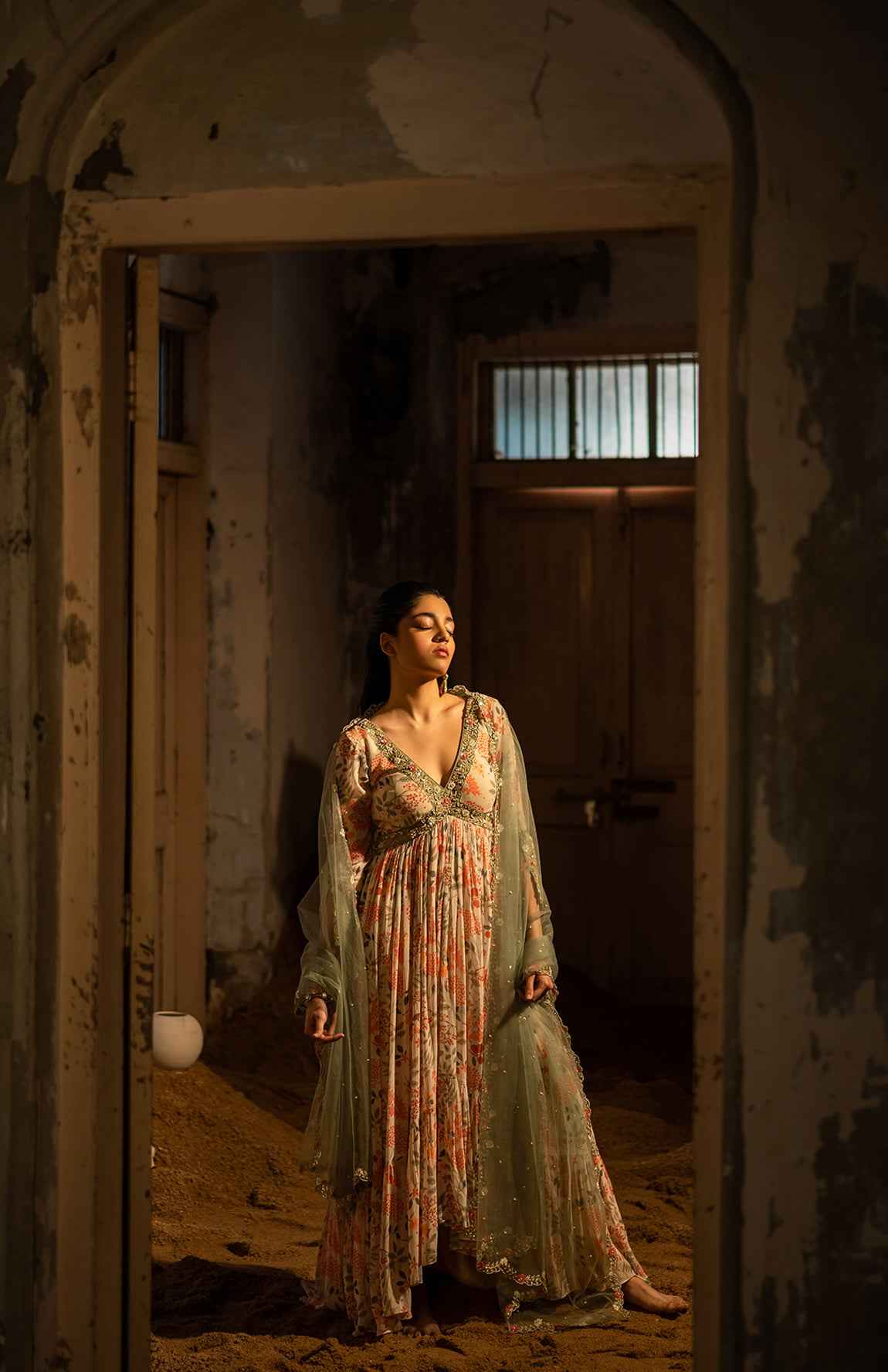 A Ivory Printed Hand Embroidered Anarkali With Duptta