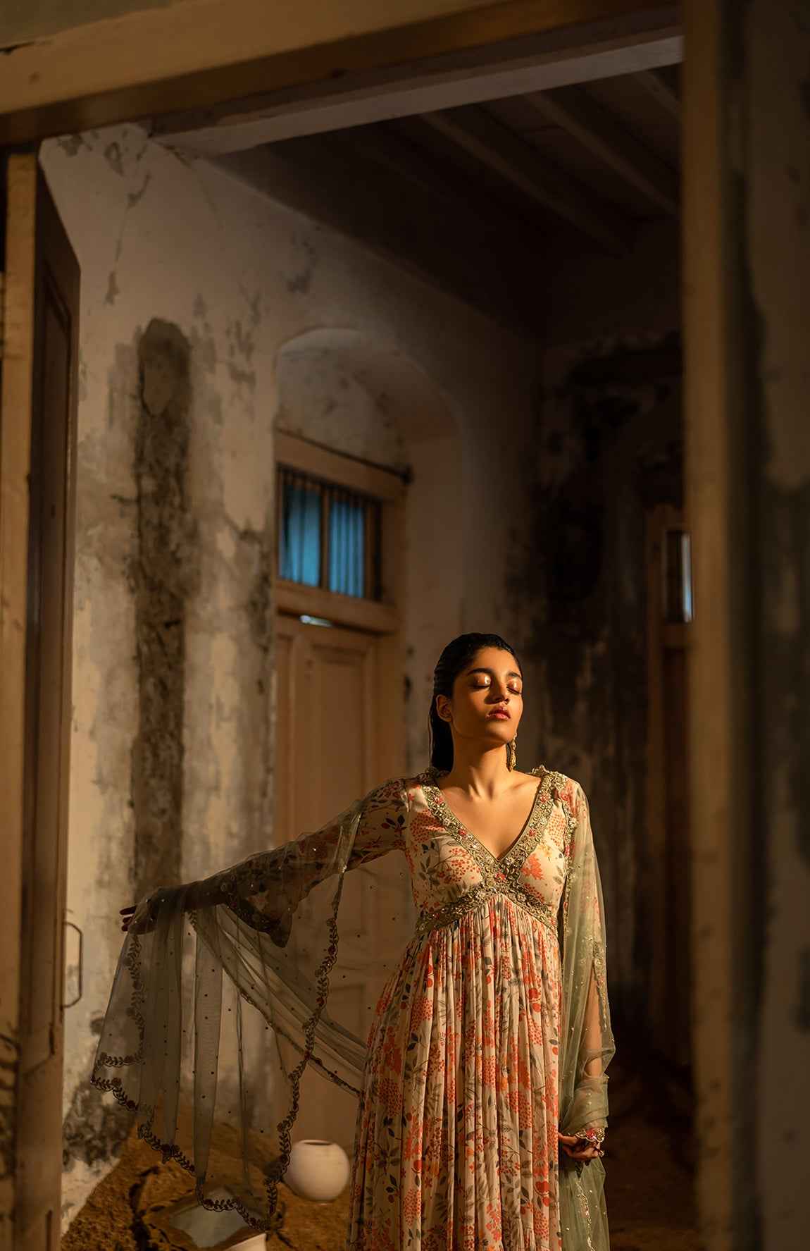 A Ivory Printed Hand Embroidered Anarkali With Duptta