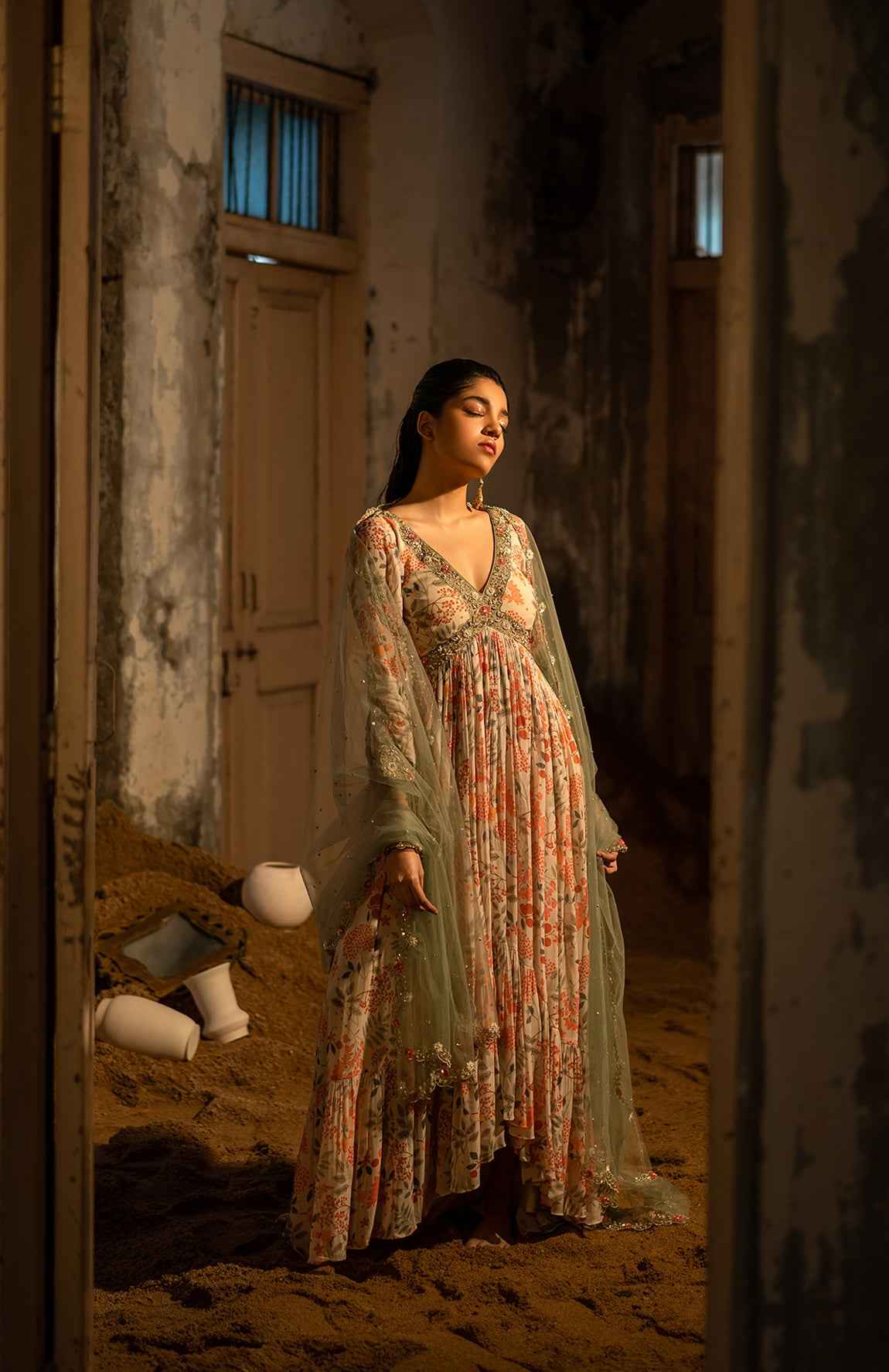 A Ivory Printed Hand Embroidered Anarkali With Duptta