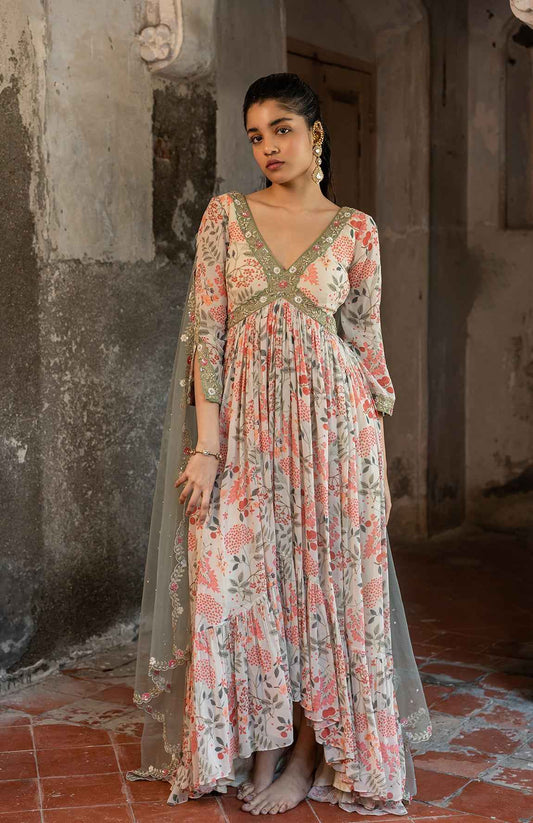 Red Multi-Print Layered Side-Cut Anarkali Dress