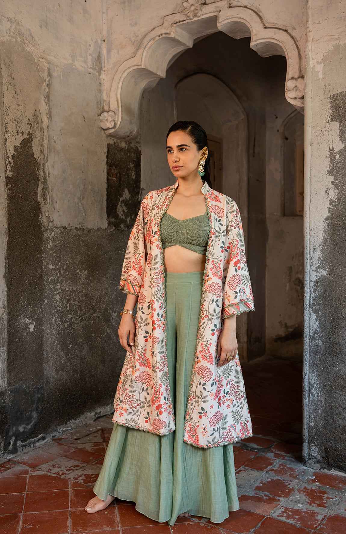 Floral Printed Jacket Set With Bustier And Plazzo Pants