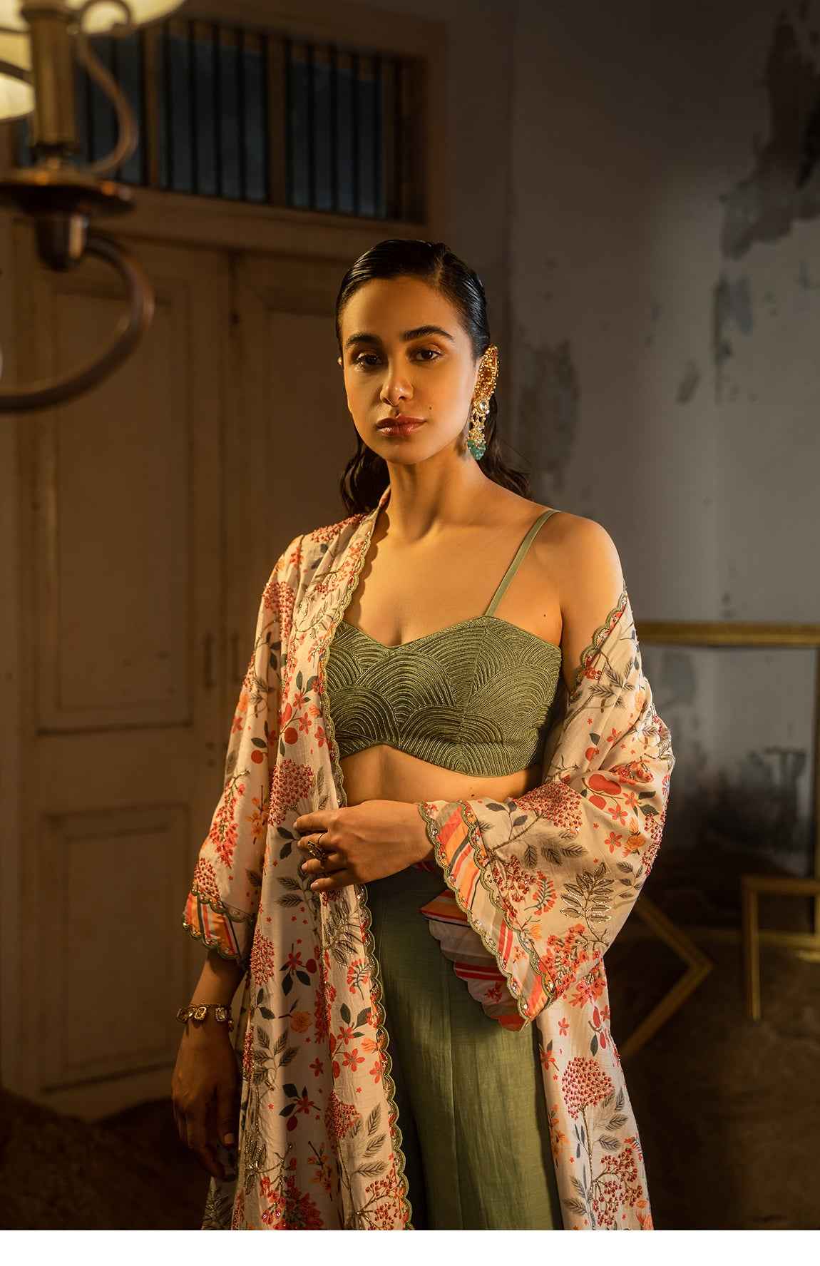 Floral Printed Jacket Set With Bustier And Plazzo Pants