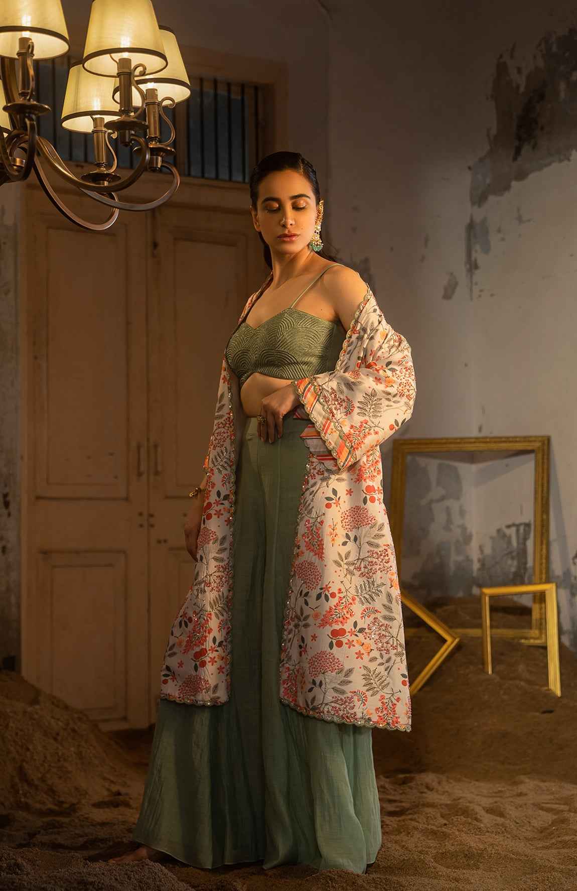 Floral Printed Jacket Set With Bustier And Plazzo Pants