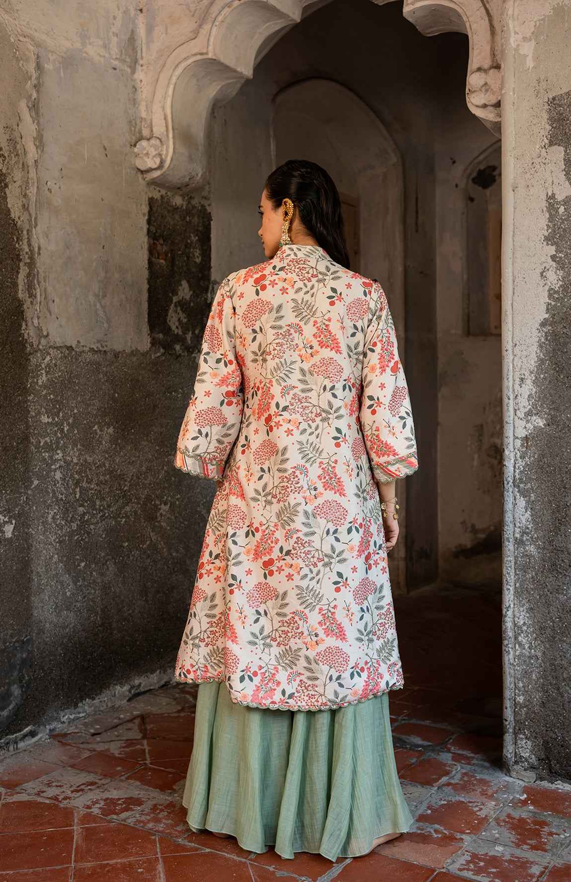 Floral Printed Jacket Set With Bustier And Plazzo Pants