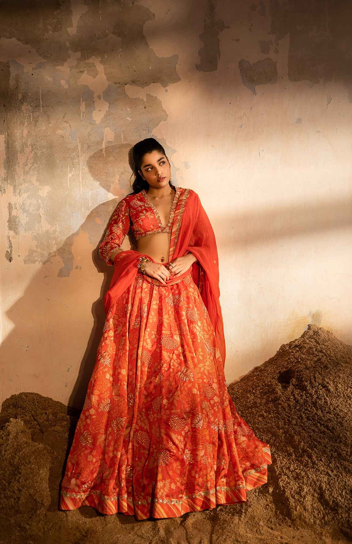 A Tommato Red Embroidered Lehenga With V Neck Blouse And Duptta