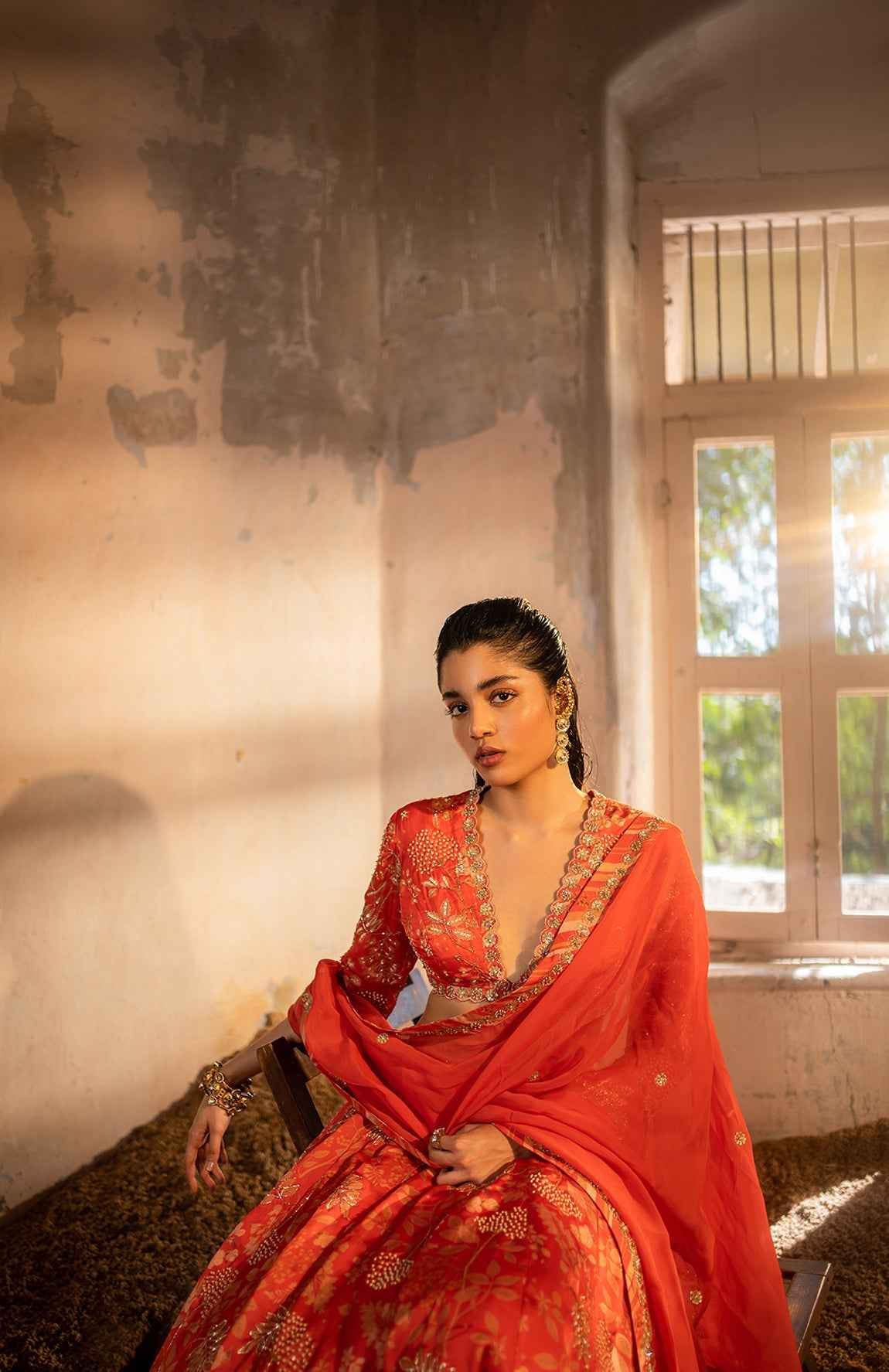 A Tommato Red Embroidered Lehenga With V Neck Blouse And Duptta