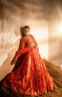 A Tommato Red Embroidered Lehenga With V Neck Blouse And Duptta