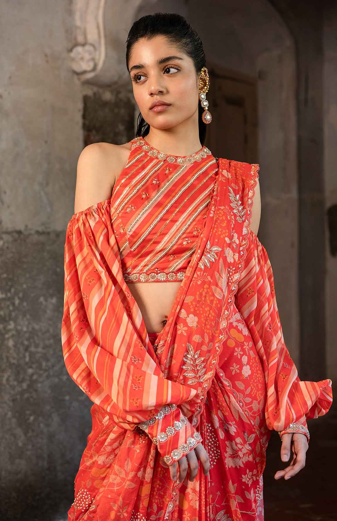 A Pre-Draped Saree Set With Hand Embroidered Blouse