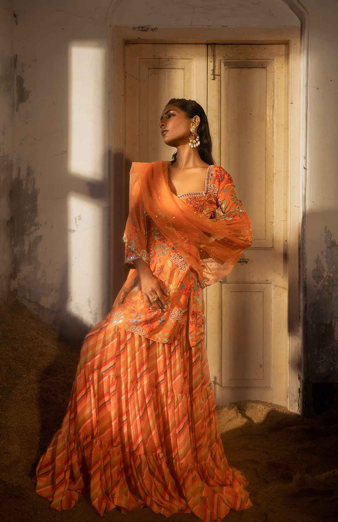 A Sweetheart Neckline Kurti Paired With Layred Skirt And Duptta