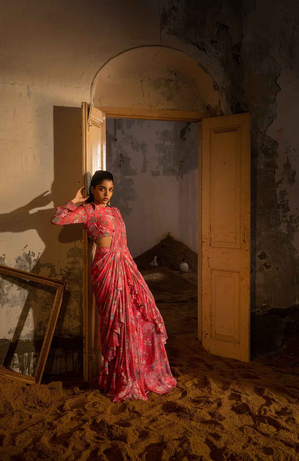 A Hand Embroidered Pre-Draped Ruffle Saree And Blouse