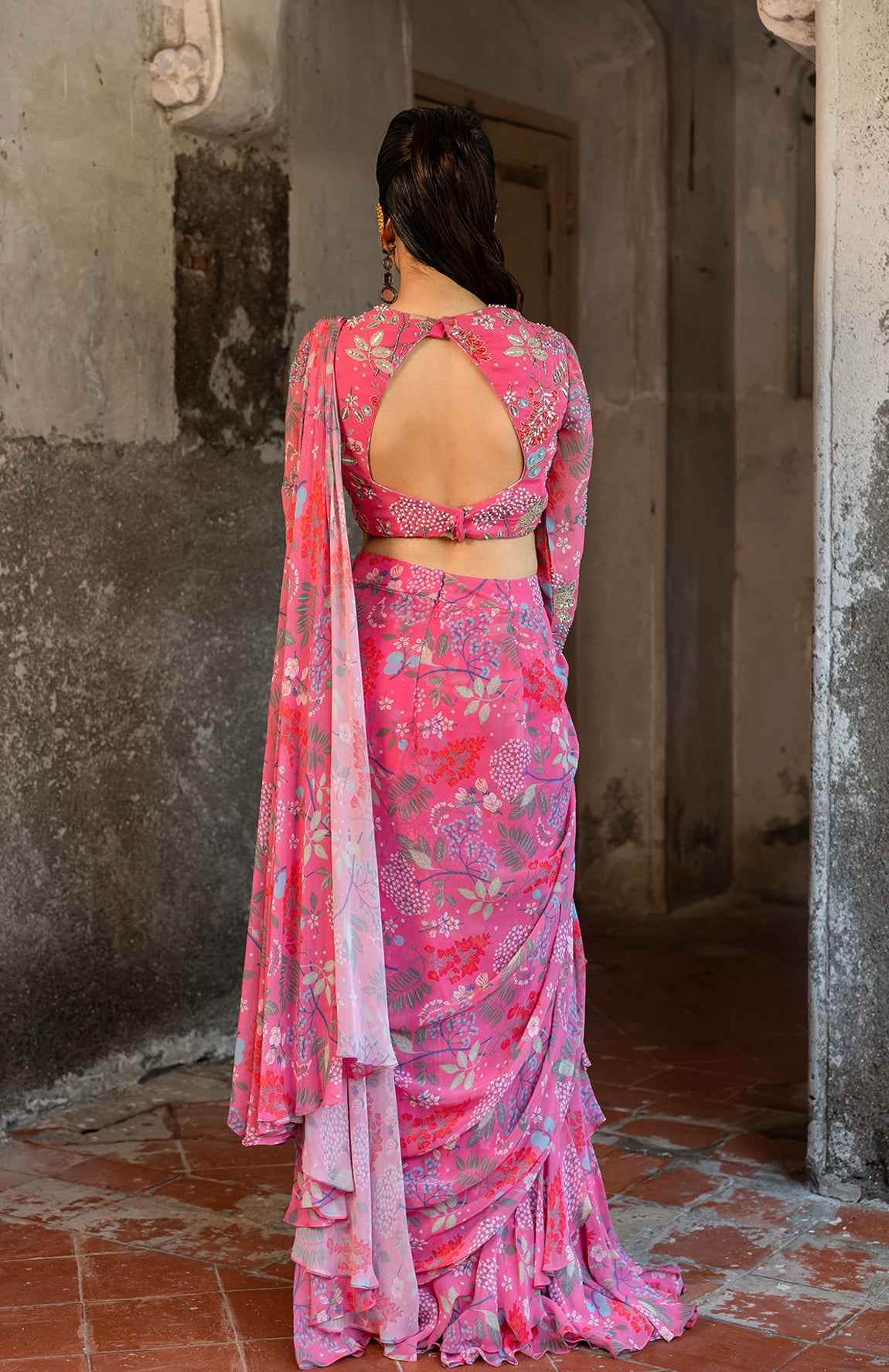 A Hand Embroidered Pre-Draped Ruffle Saree And Blouse