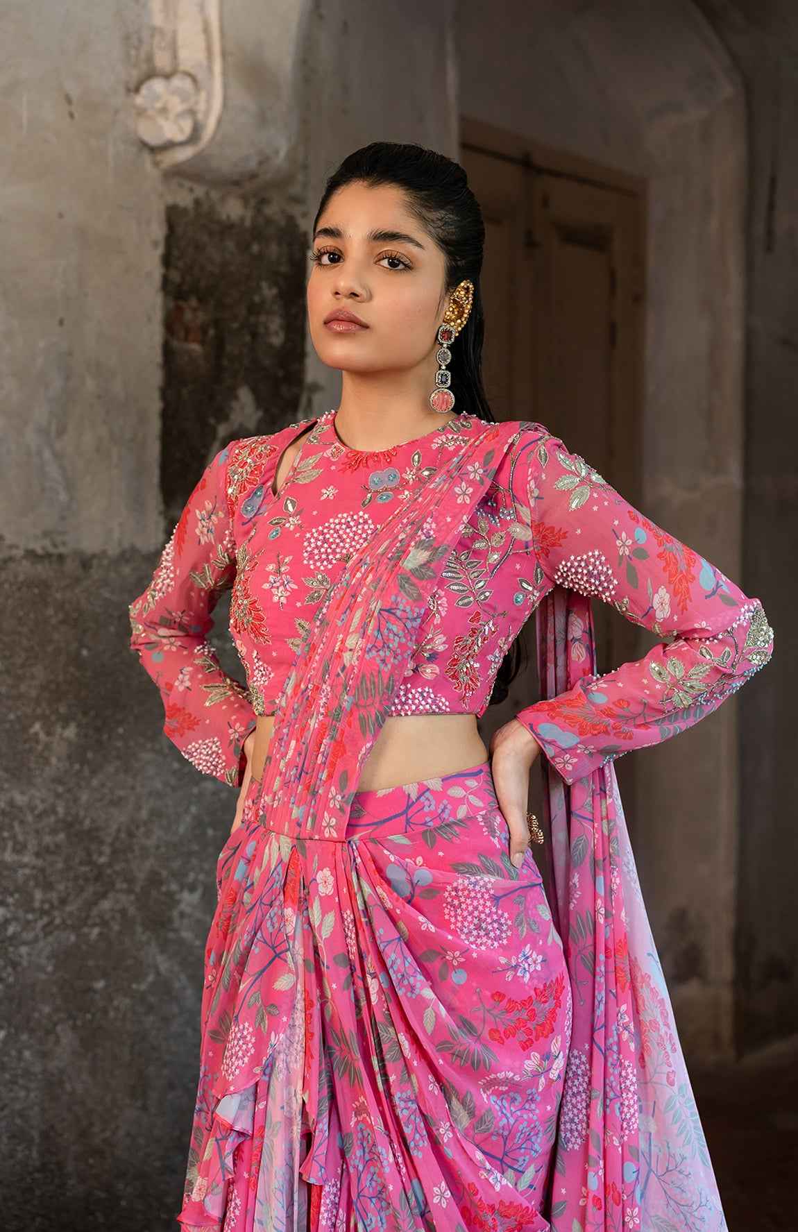 A Hand Embroidered Pre-Draped Ruffle Saree And Blouse