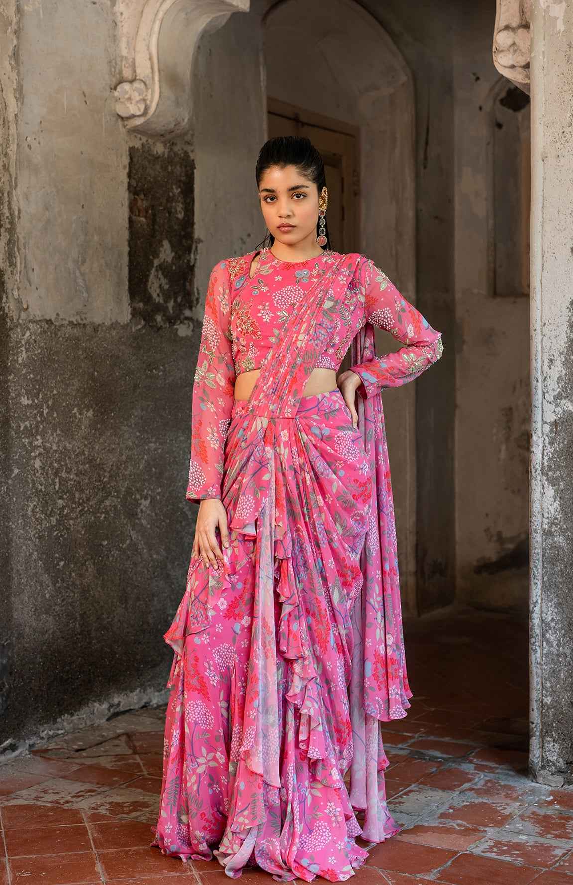 A Hand Embroidered Pre-Draped Ruffle Saree And Blouse