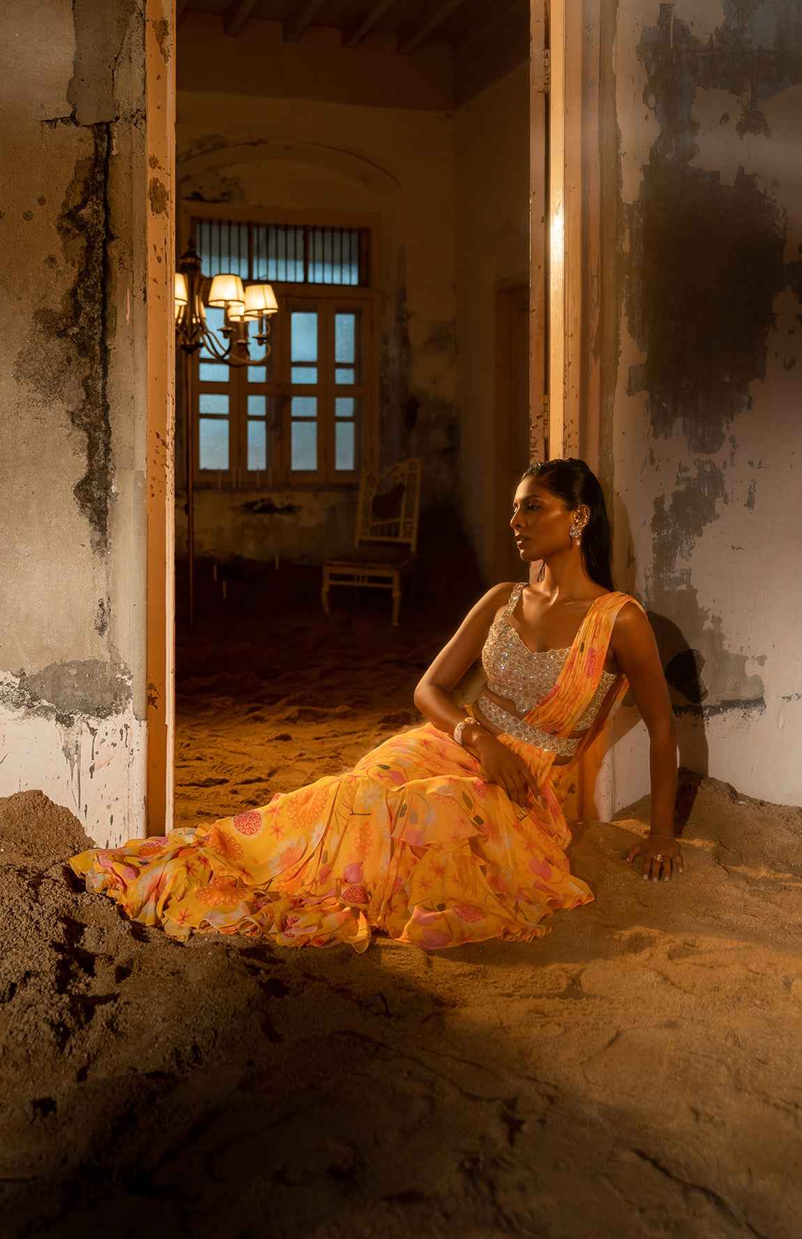 A Pre-Draped Layer Saree With Hand Embroidered Blouse And Belt