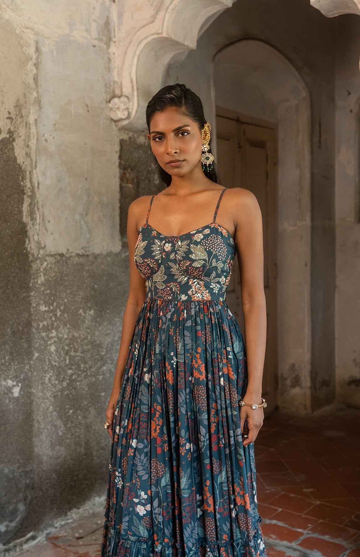 A Printed Teal Blue Maxi Dress