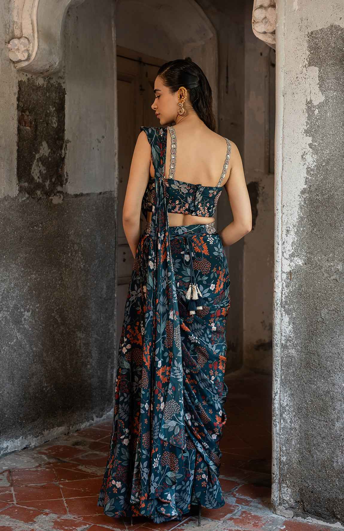 A Draped Indo Western Saree Set Paired With Bustier And Style With Belt