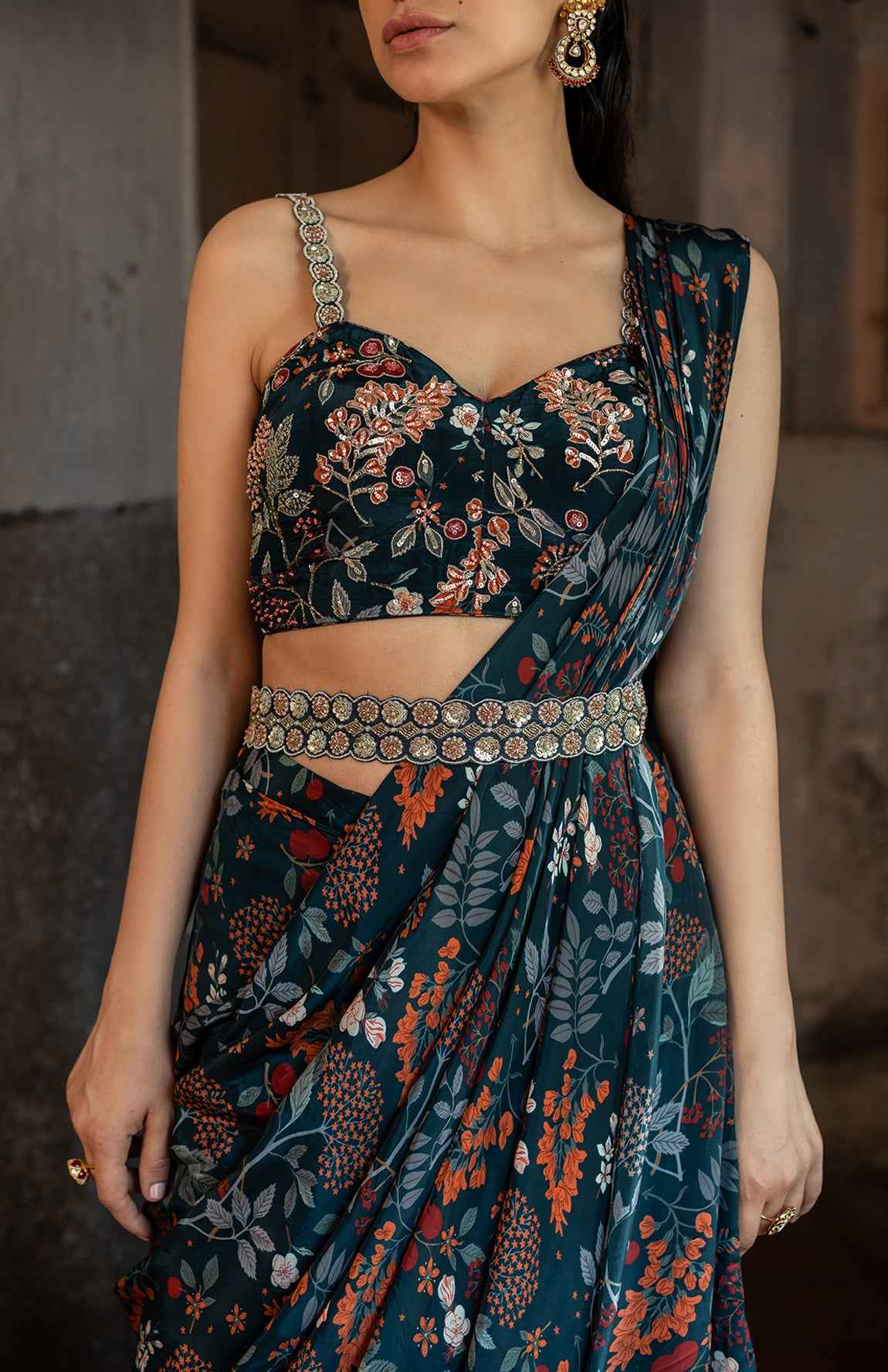 A Draped Indo Western Saree Set Paired With Bustier And Style With Belt