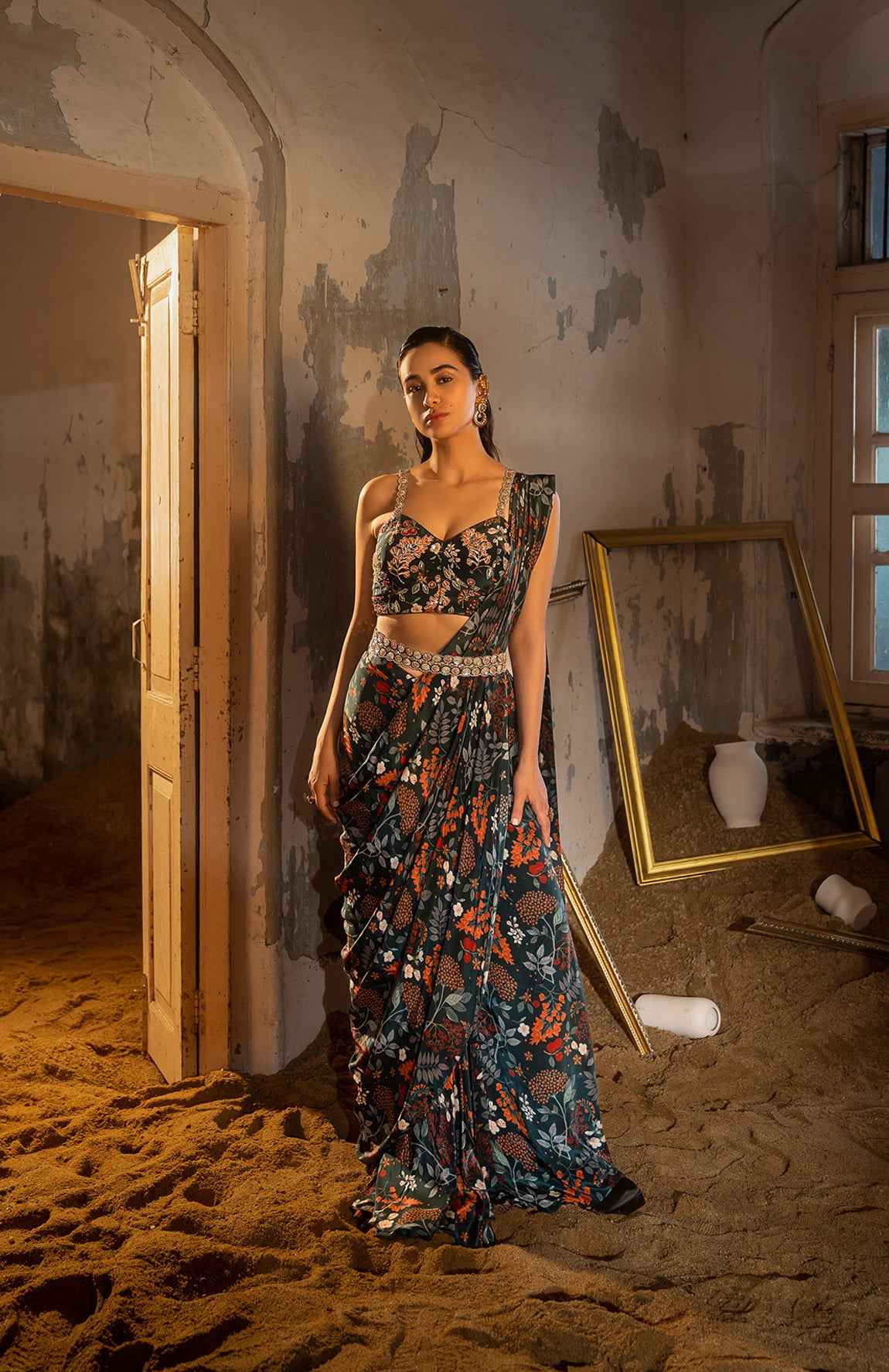 A Draped Indo Western Saree Set Paired With Bustier And Style With Belt