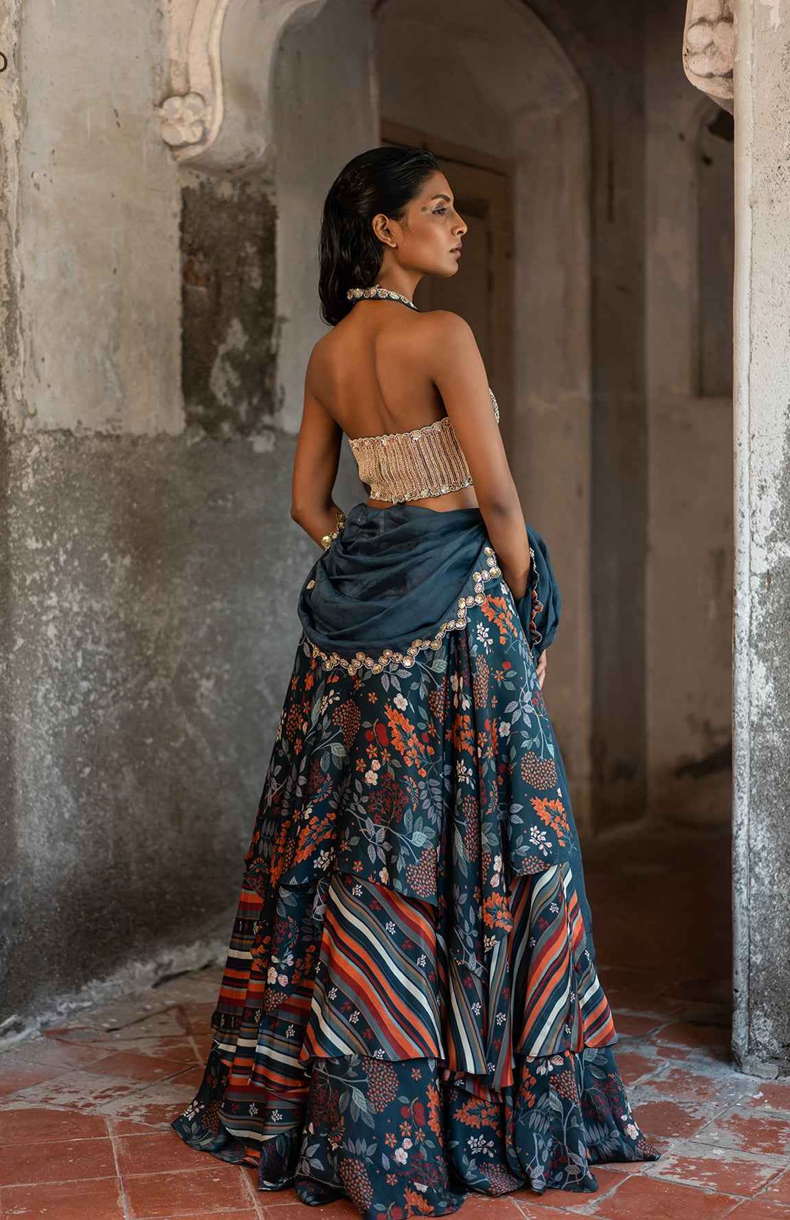 A Printed Teal Blue Lehenga With Hand Embroidered Blouse And Duptta
