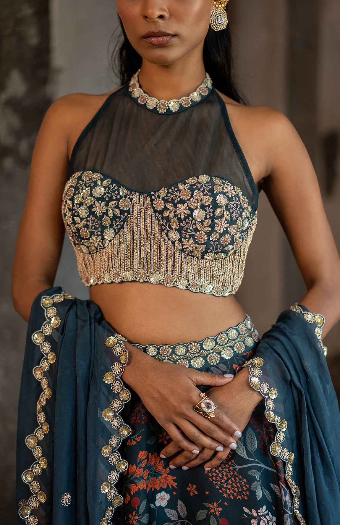 A Printed Teal Blue Lehenga With Hand Embroidered Blouse And Duptta