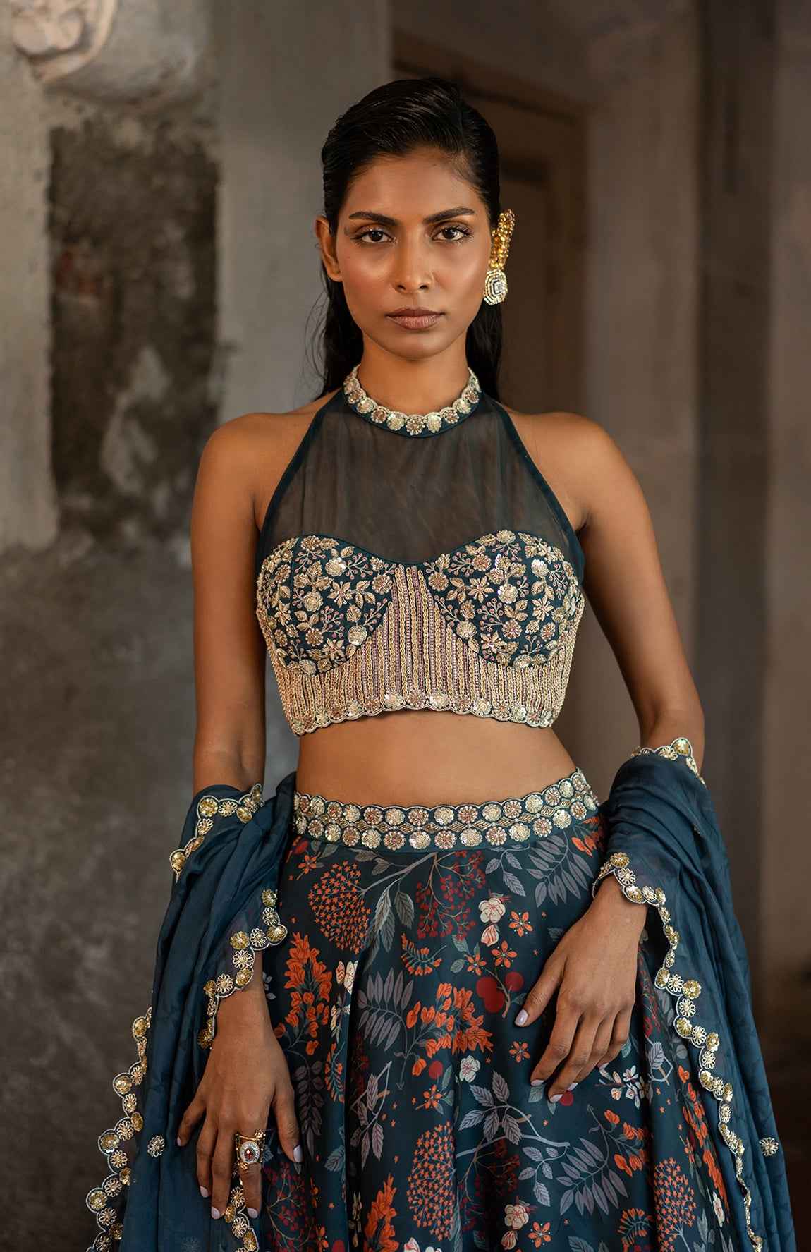 A Printed Teal Blue Lehenga With Hand Embroidered Blouse And Duptta