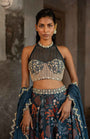 A Printed Teal Blue Lehenga With Hand Embroidered Blouse And Duptta