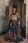 A Printed Teal Blue Lehenga With Hand Embroidered Blouse And Duptta