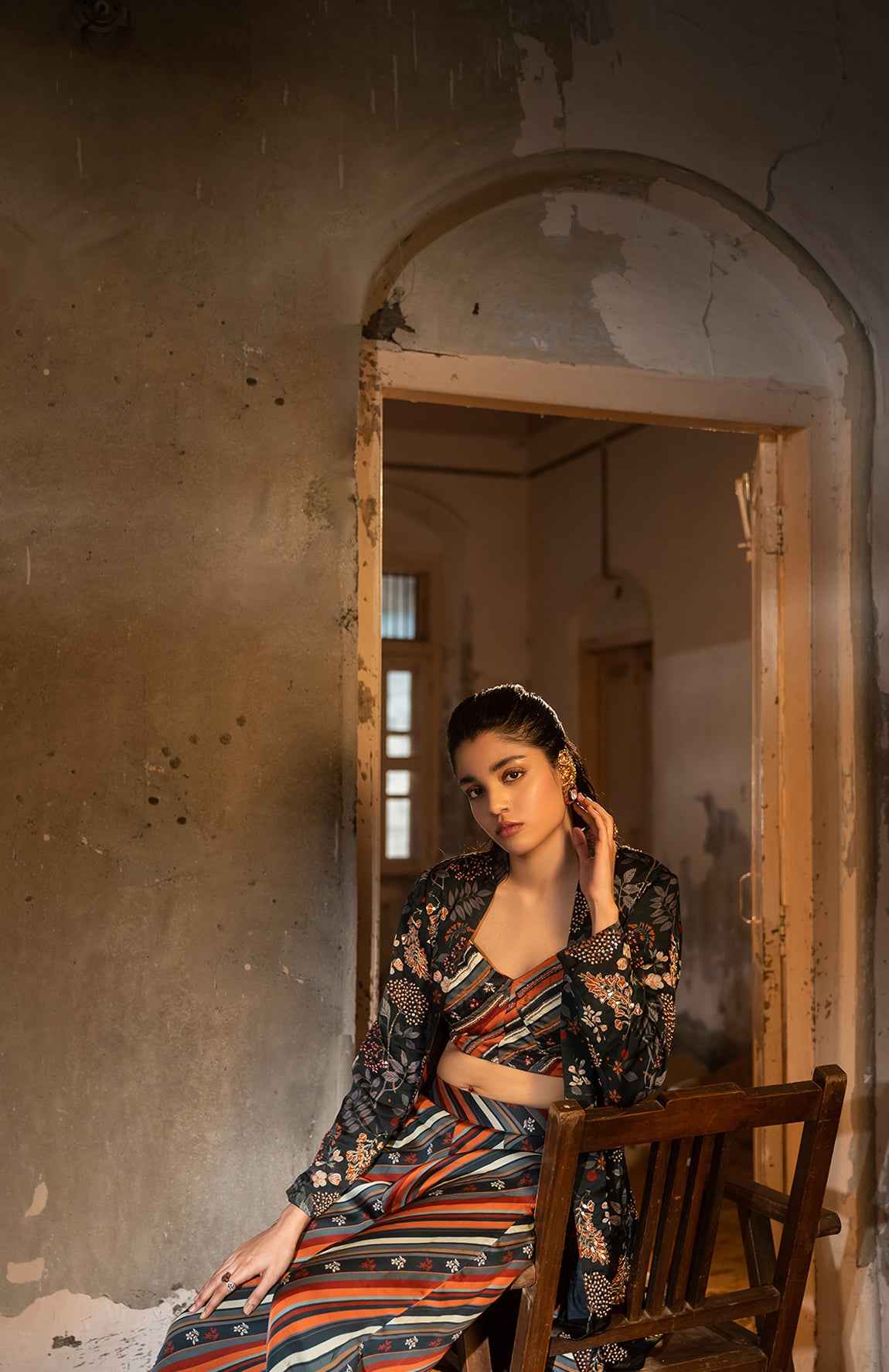 A Hand Embroidered Jacket Set Paired With Bustier And Pants