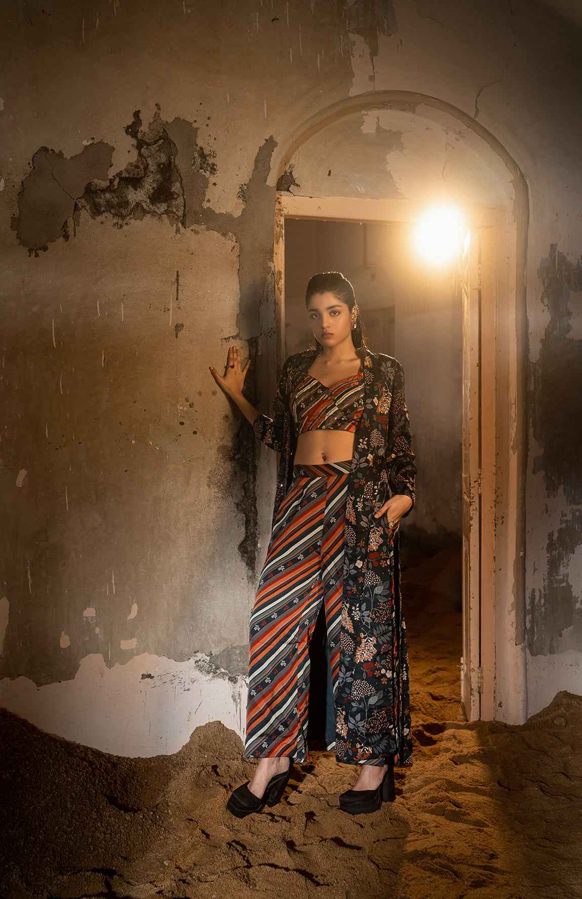 A Hand Embroidered Jacket Set Paired With Bustier And Pants