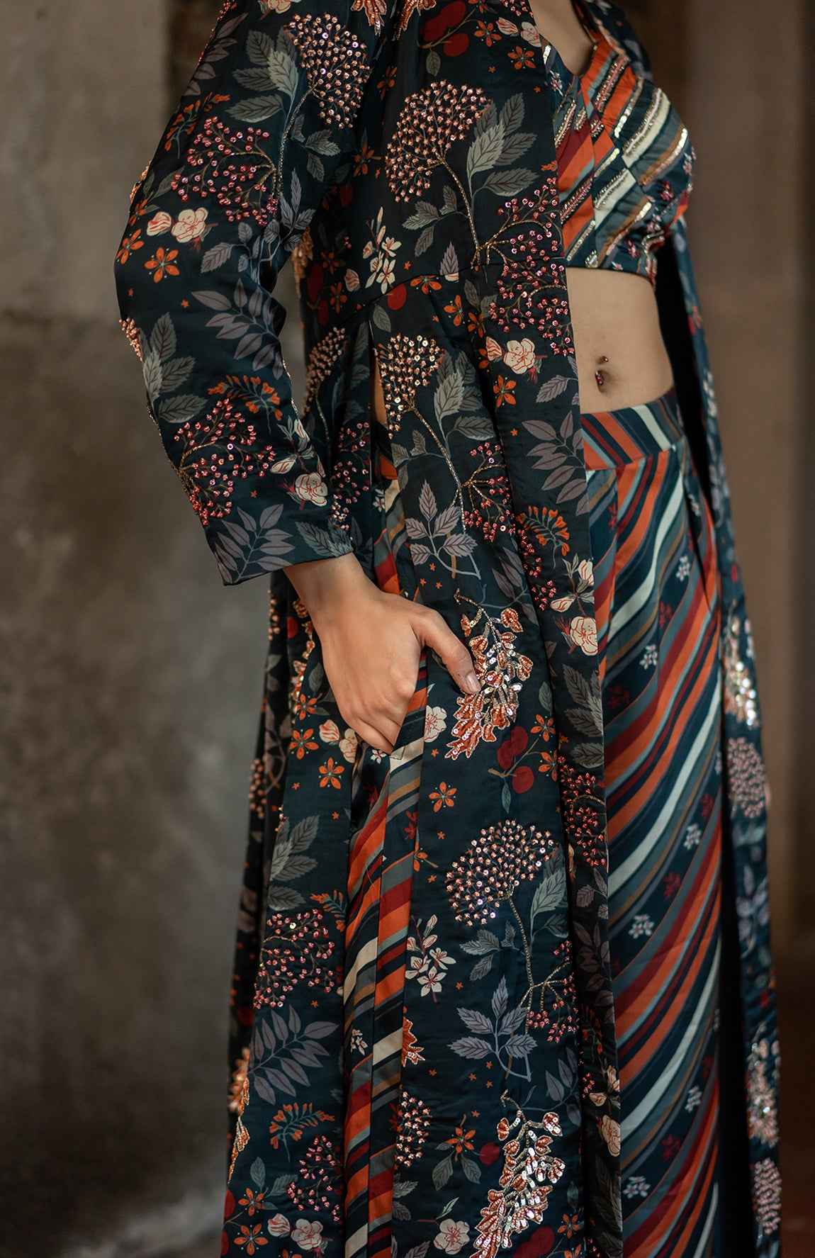 A Hand Embroidered Jacket Set Paired With Bustier And Pants