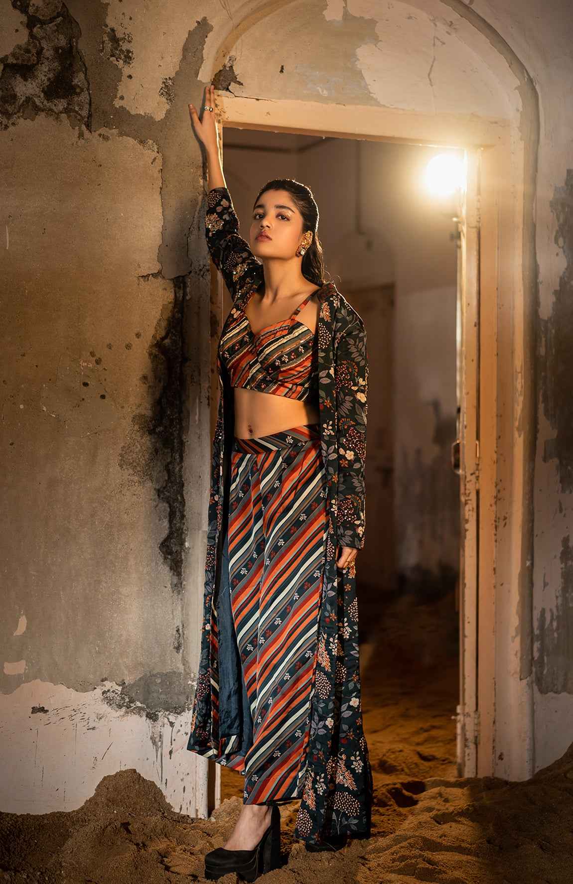 A Hand Embroidered Jacket Set Paired With Bustier And Pants