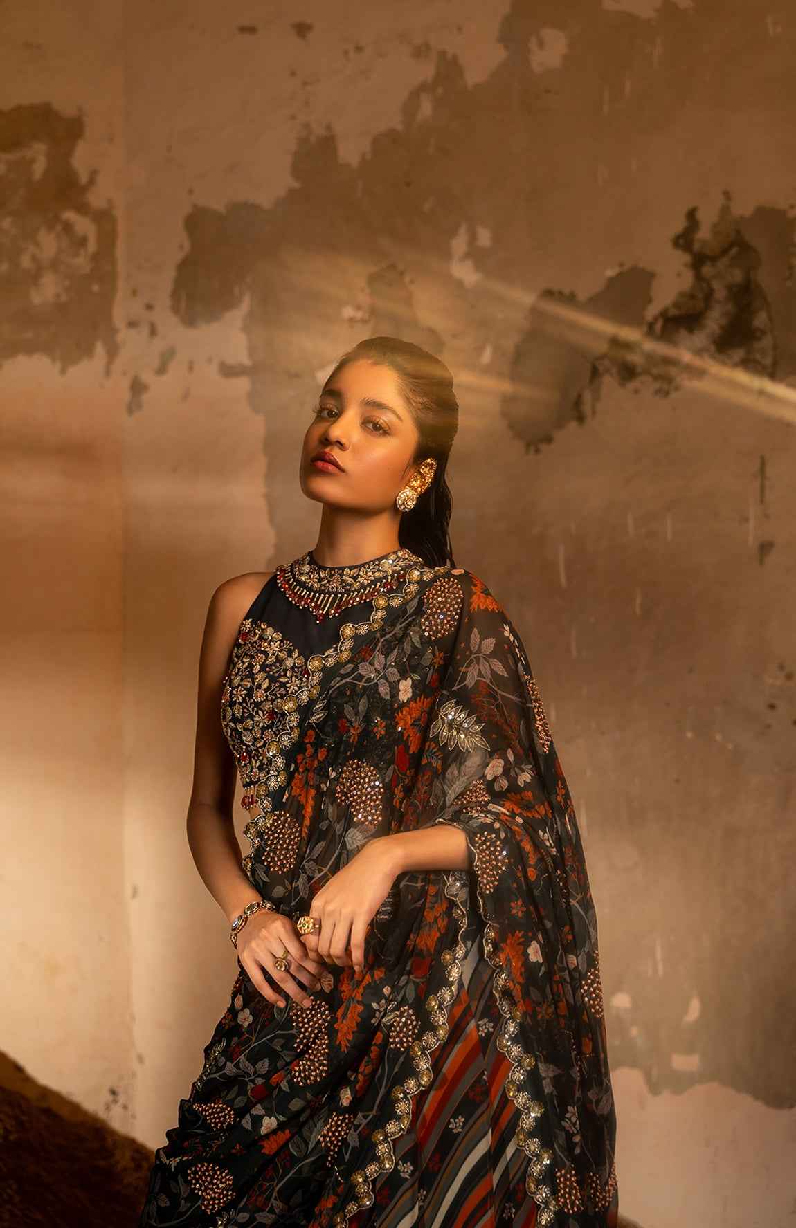 A Teal Blue Skirt Saree With Hand Embroidered Blouse