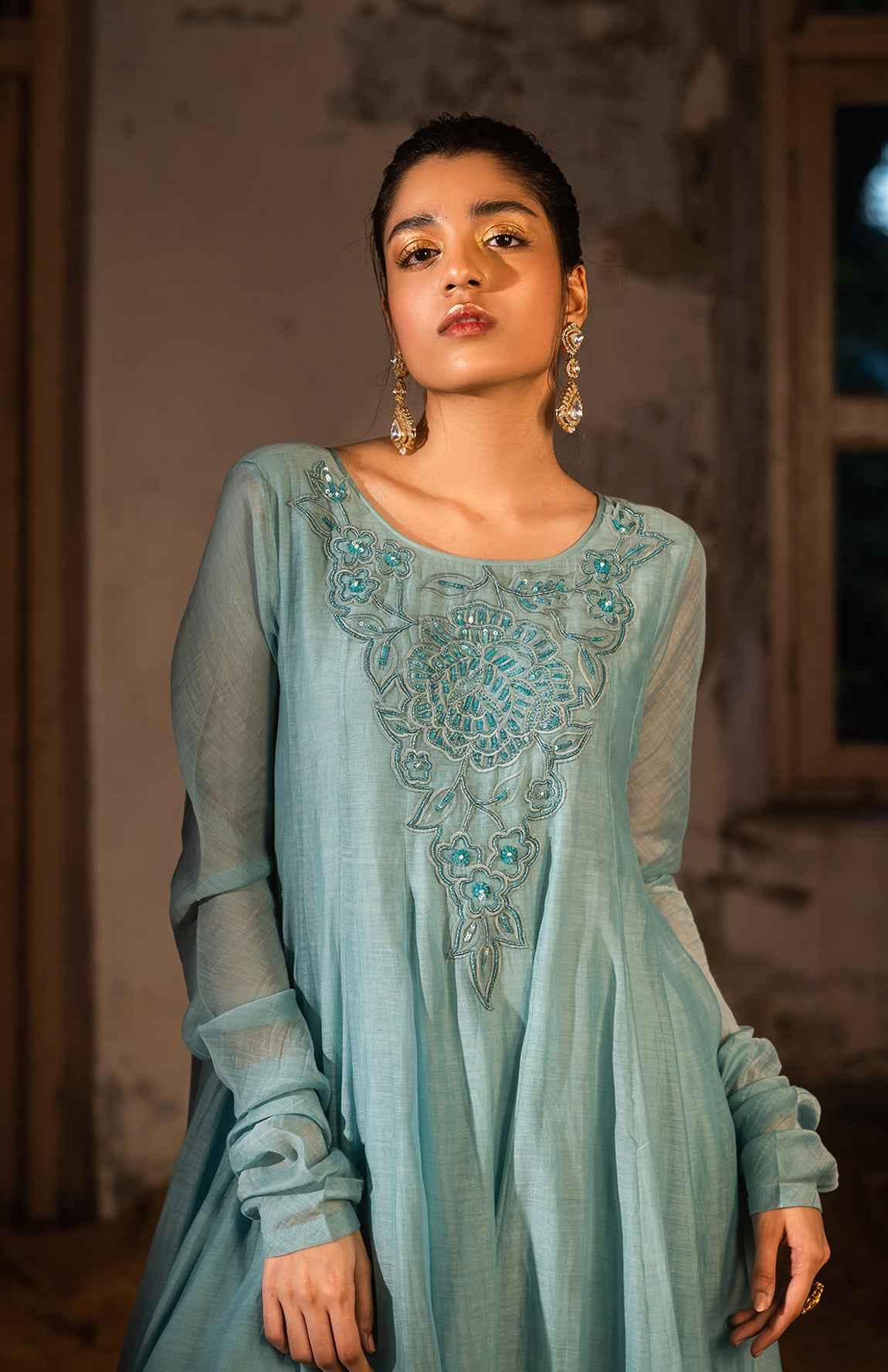 A Powder Blue Anarkali Paired With Pants