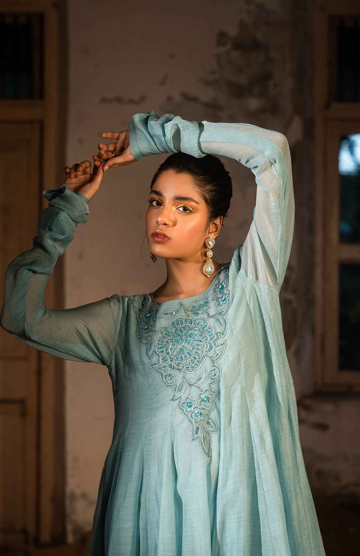 A Powder Blue Anarkali Paired With Pants