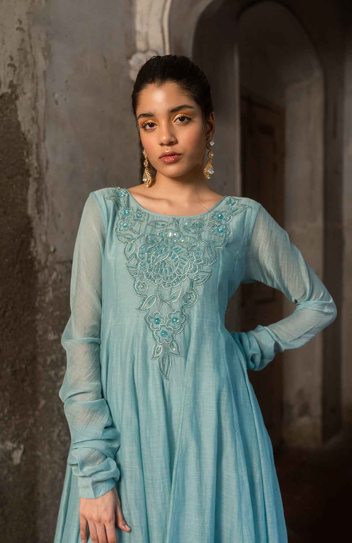 A Powder Blue Anarkali Paired With Pants