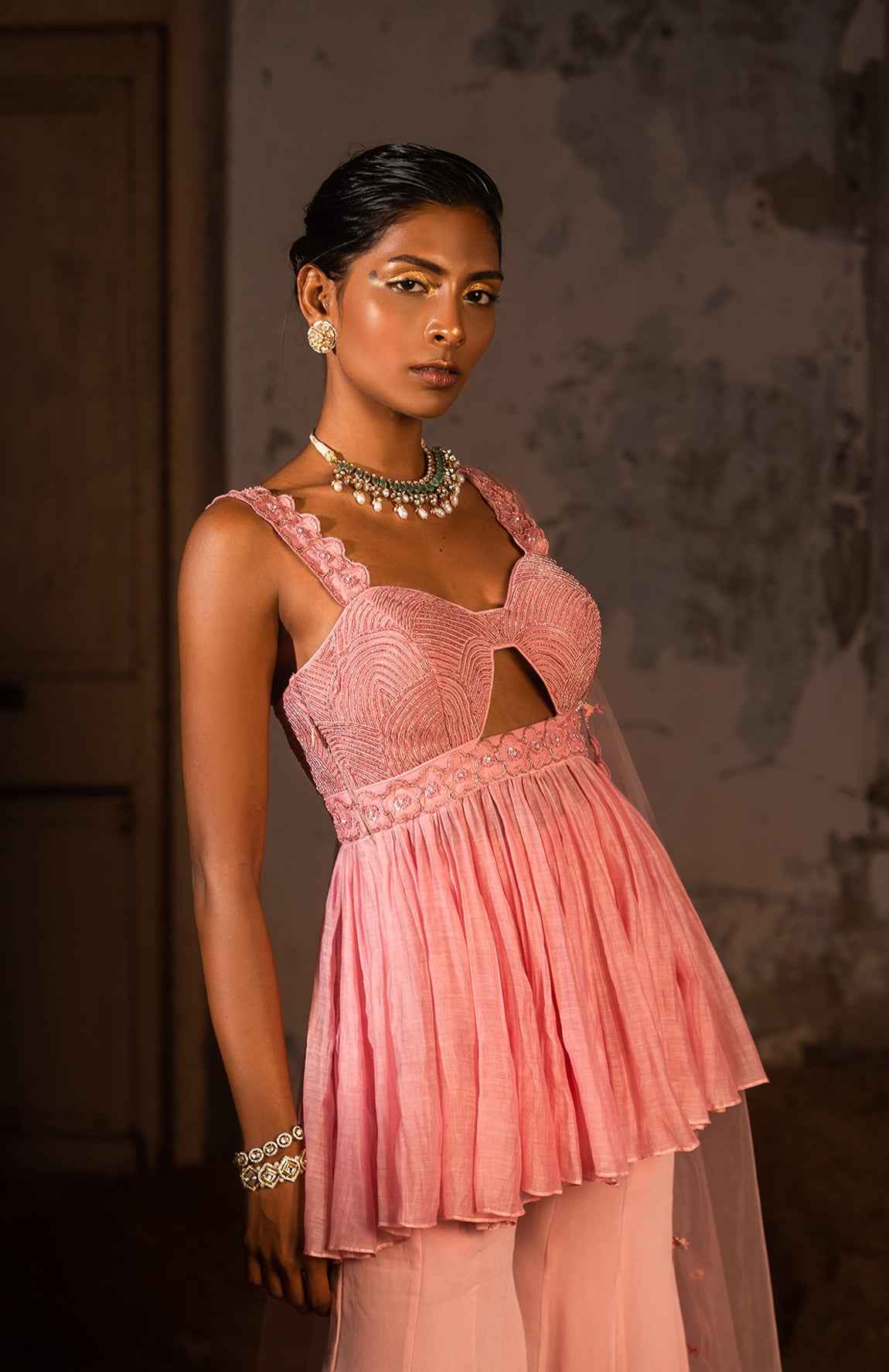 A Thread Work Peplum Set With Sharara Pants