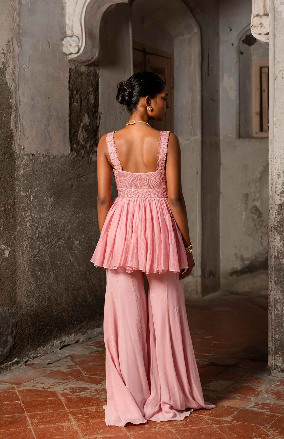 A Thread Work Peplum Set With Sharara Pants