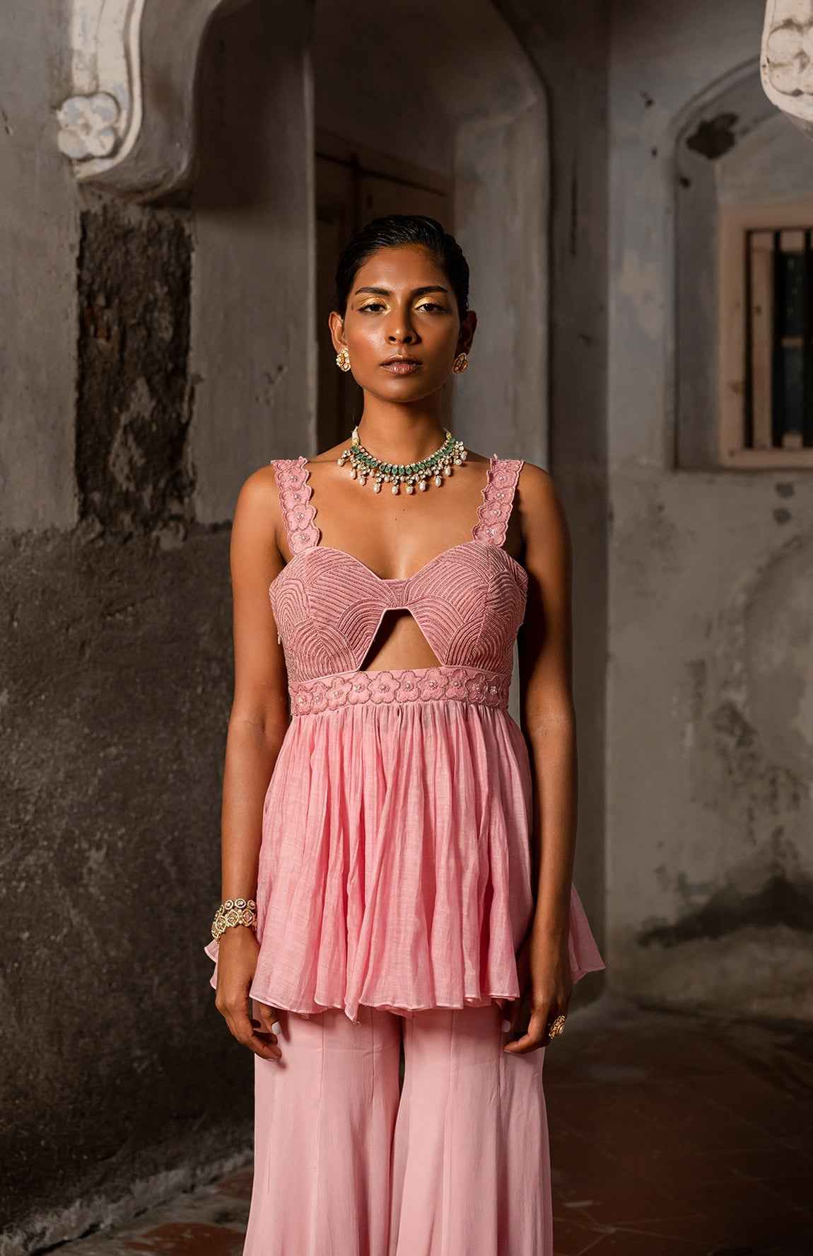 A Thread Work Peplum Set With Sharara Pants