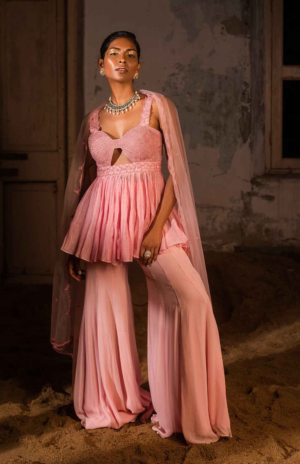 A Thread Work Peplum Set With Sharara Pants