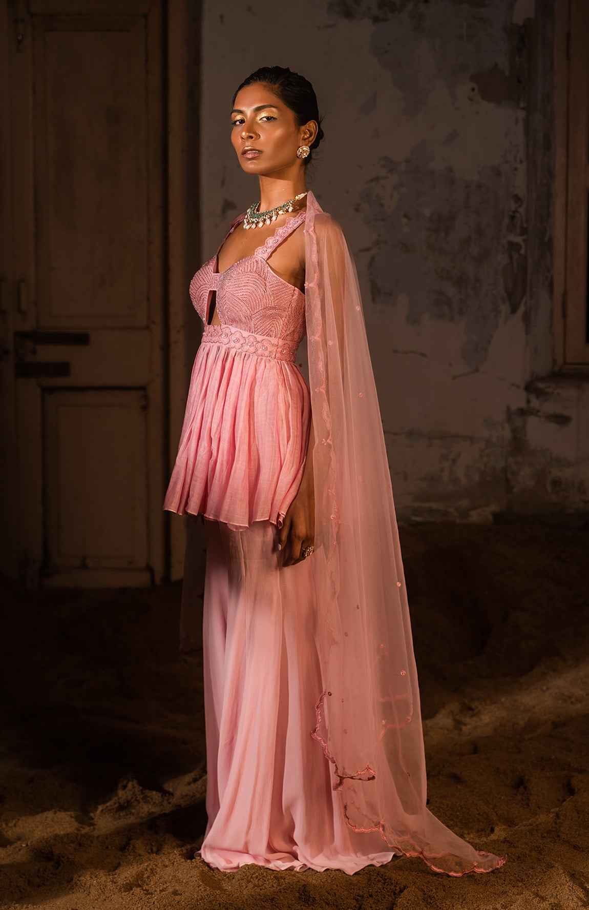 A Thread Work Peplum Set With Sharara Pants