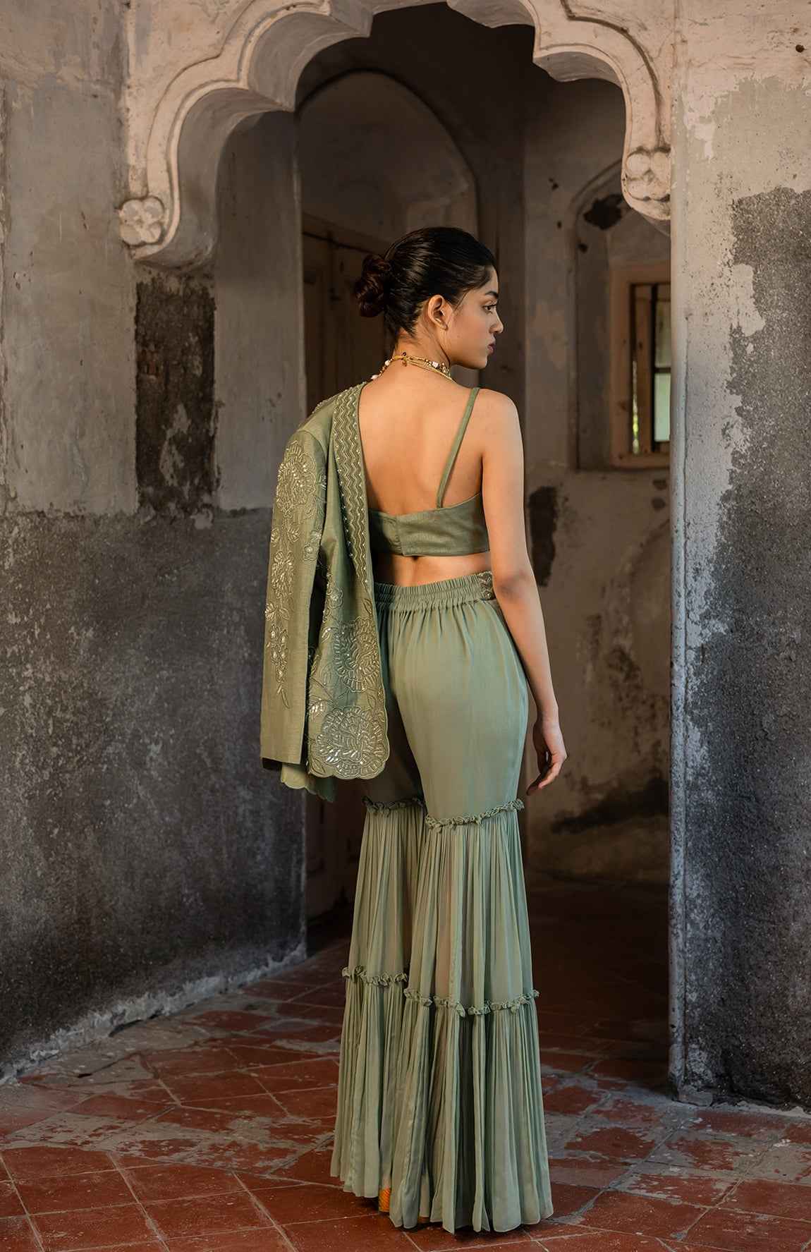 A Embroidered Blazer Set With Bustier And Sharara Pants