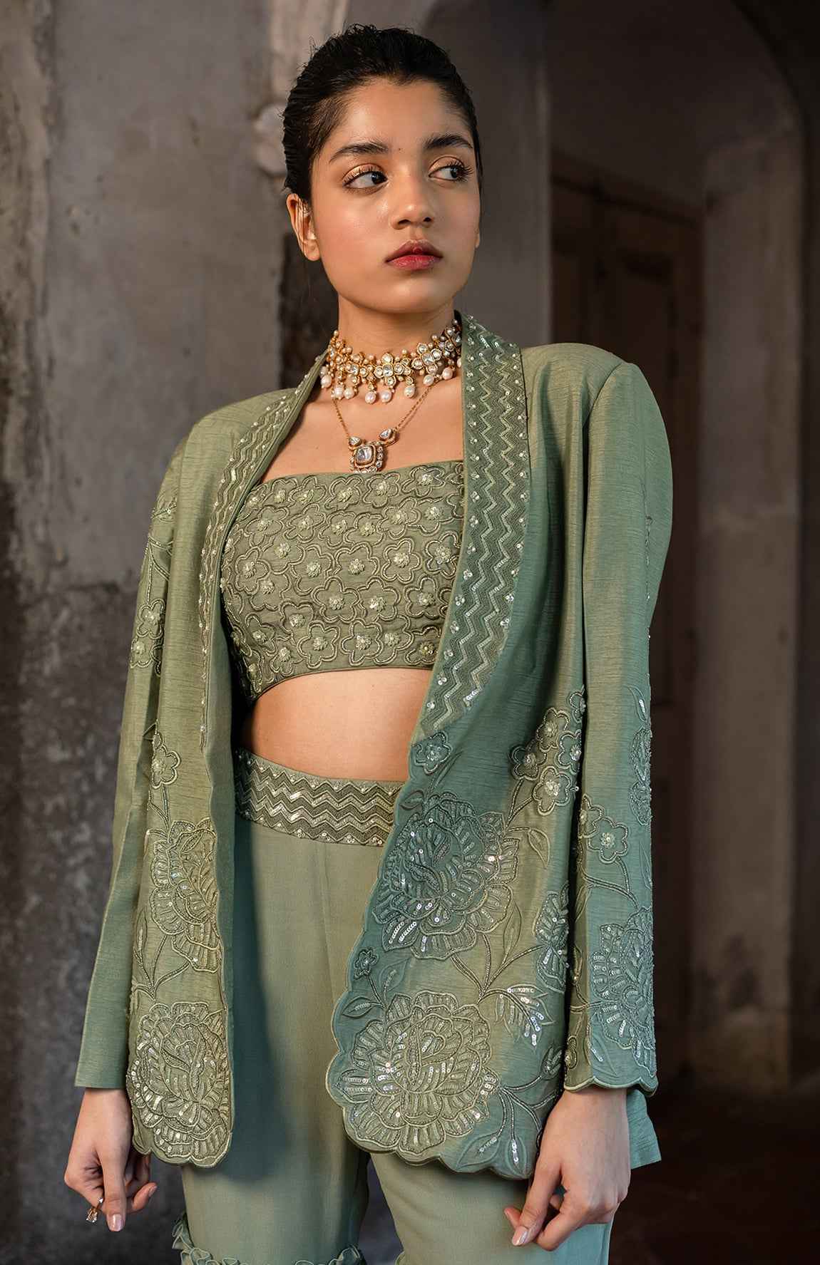 A Embroidered Blazer Set With Bustier And Sharara Pants